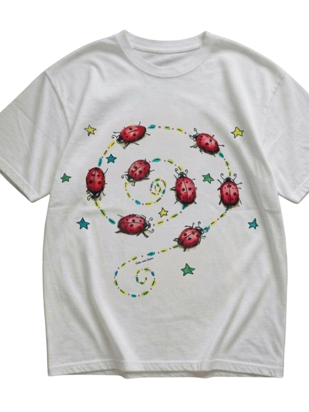 Gildan White Tee with Red Ladybug Spiral Graphic, Gift For Her, For Him